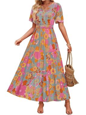 Vibrant Pink & Orange Floral Tiered Maxi Dress